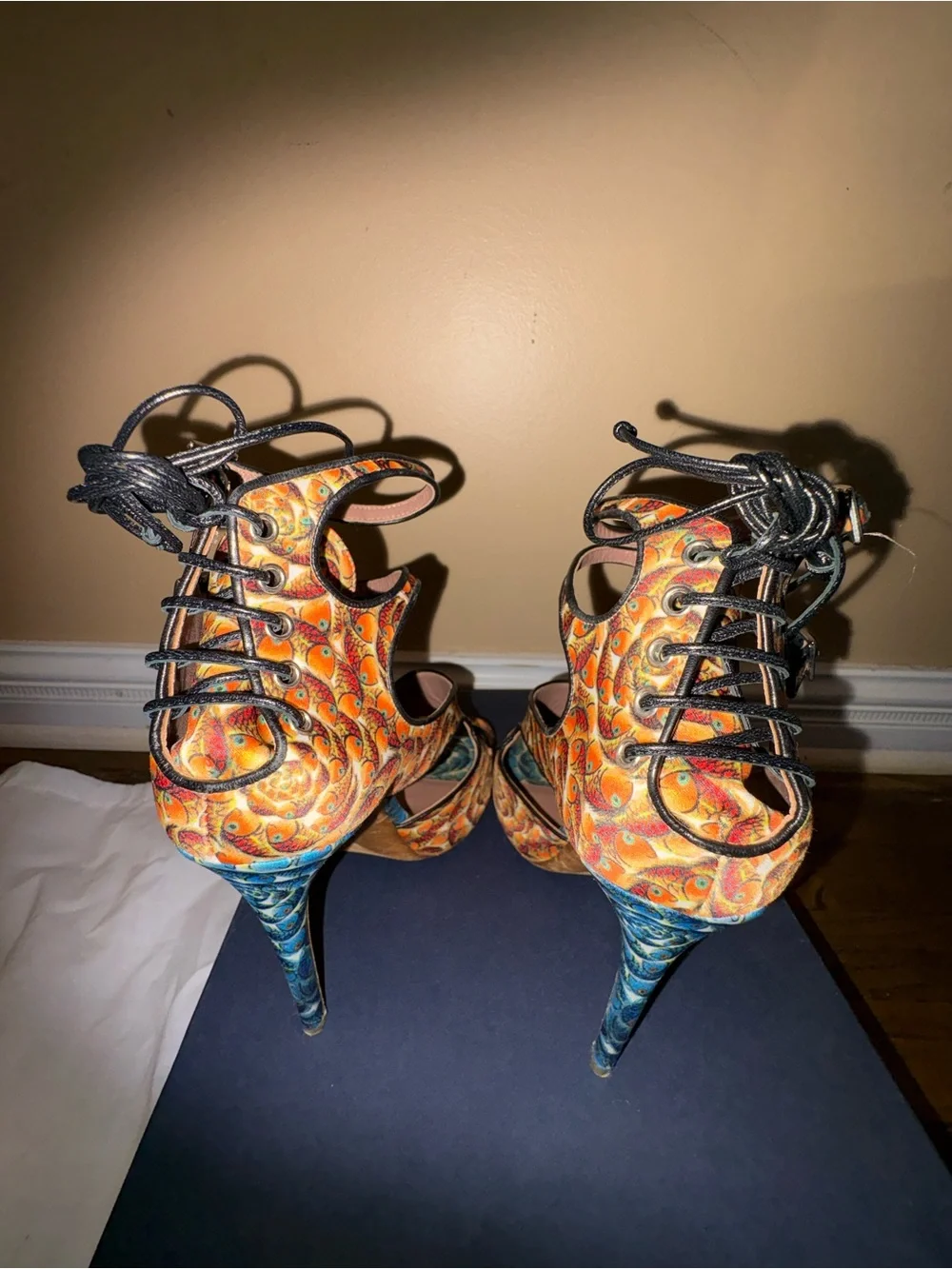 Tabitha Simmons Orange and Blue Patterned Strappy Heels